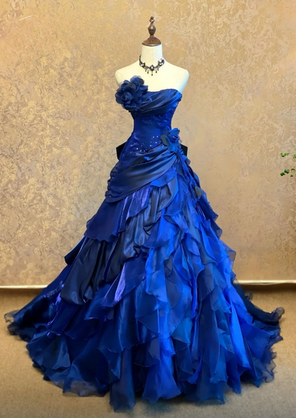 Robe de bal longue bleu roi sans bretelles, robe de soirée en satin coupe A, robe d'anniversaire sans manches ED07309