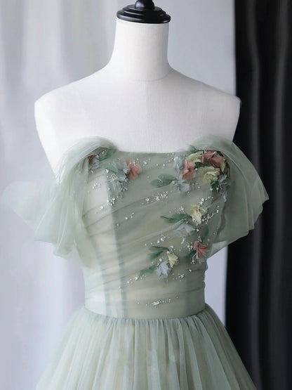 A-Line Green Tulle Long Prom Dresses, Green Formal Evening Dresses ED0731