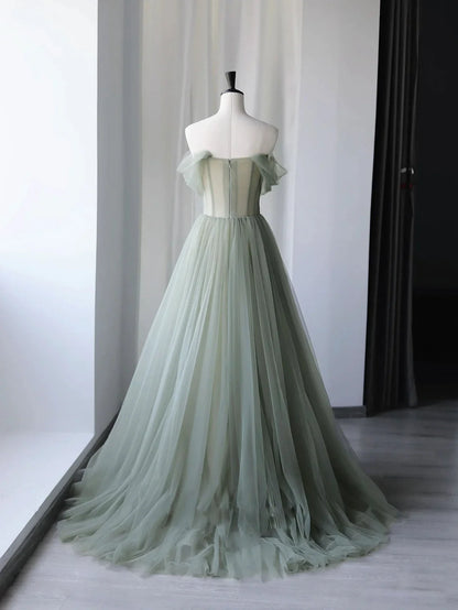 A-Line Green Tulle Long Prom Dresses, Green Formal Evening Dresses ED0731