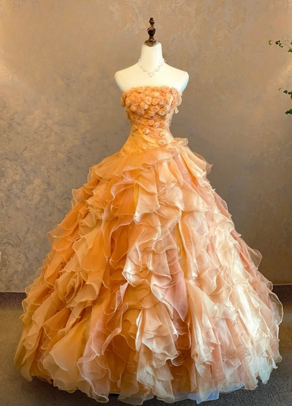 Sweet Strapless Orange Long Prom Dress Tulle A-Line Evening Dress Sleeveless Birthday Dress ED07310