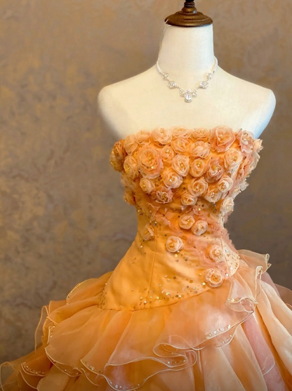Sweet Strapless Orange Long Prom Dress Tulle A-Line Evening Dress Sleeveless Birthday Dress ED07310