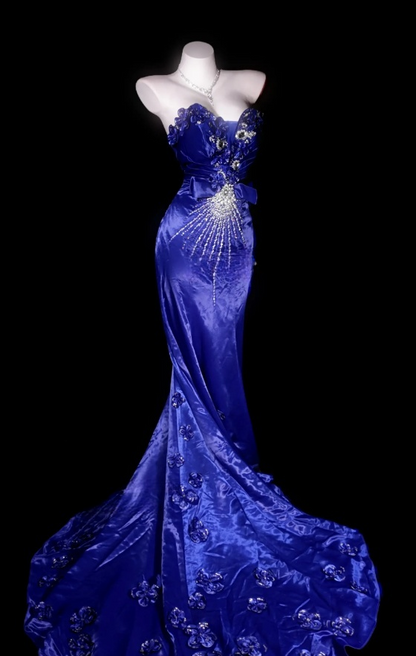 Elegant Strapless Purple Long Prom Dress Satin Appliques Sheath Evening Dress  ED07311