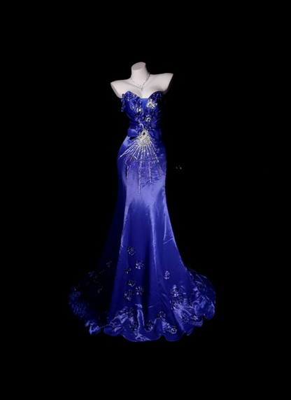 Elegant Strapless Purple Long Prom Dress Satin Appliques Sheath Evening Dress  ED07311