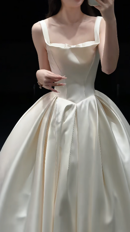 Elegant Straps White Long Wedding Dress Satin A-Line Bridal Gowns Sleeveless Bridal Dress  ED07312
