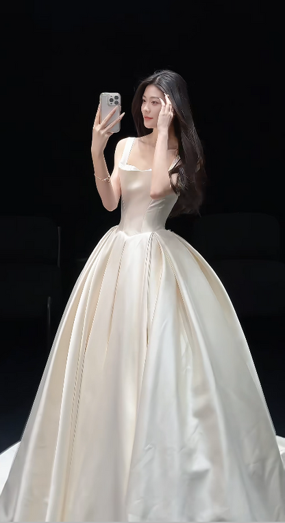 Elegant Straps White Long Wedding Dress Satin A-Line Bridal Gowns Sleeveless Bridal Dress  ED07312