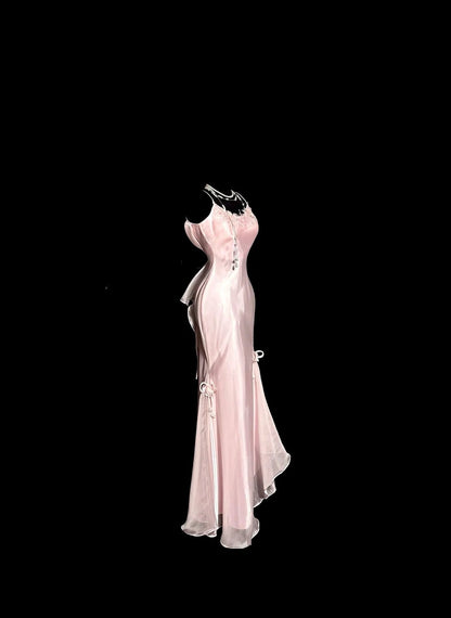 Elegantes, langes, pinkfarbenes Ballkleid mit Spaghettiträgern, Meerjungfrauen-Stil, ärmellos, aus Satin, Geburtstagskleid ED07315