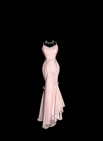 Elegantes, langes, pinkfarbenes Ballkleid mit Spaghettiträgern, Meerjungfrauen-Stil, ärmellos, aus Satin, Geburtstagskleid ED07315