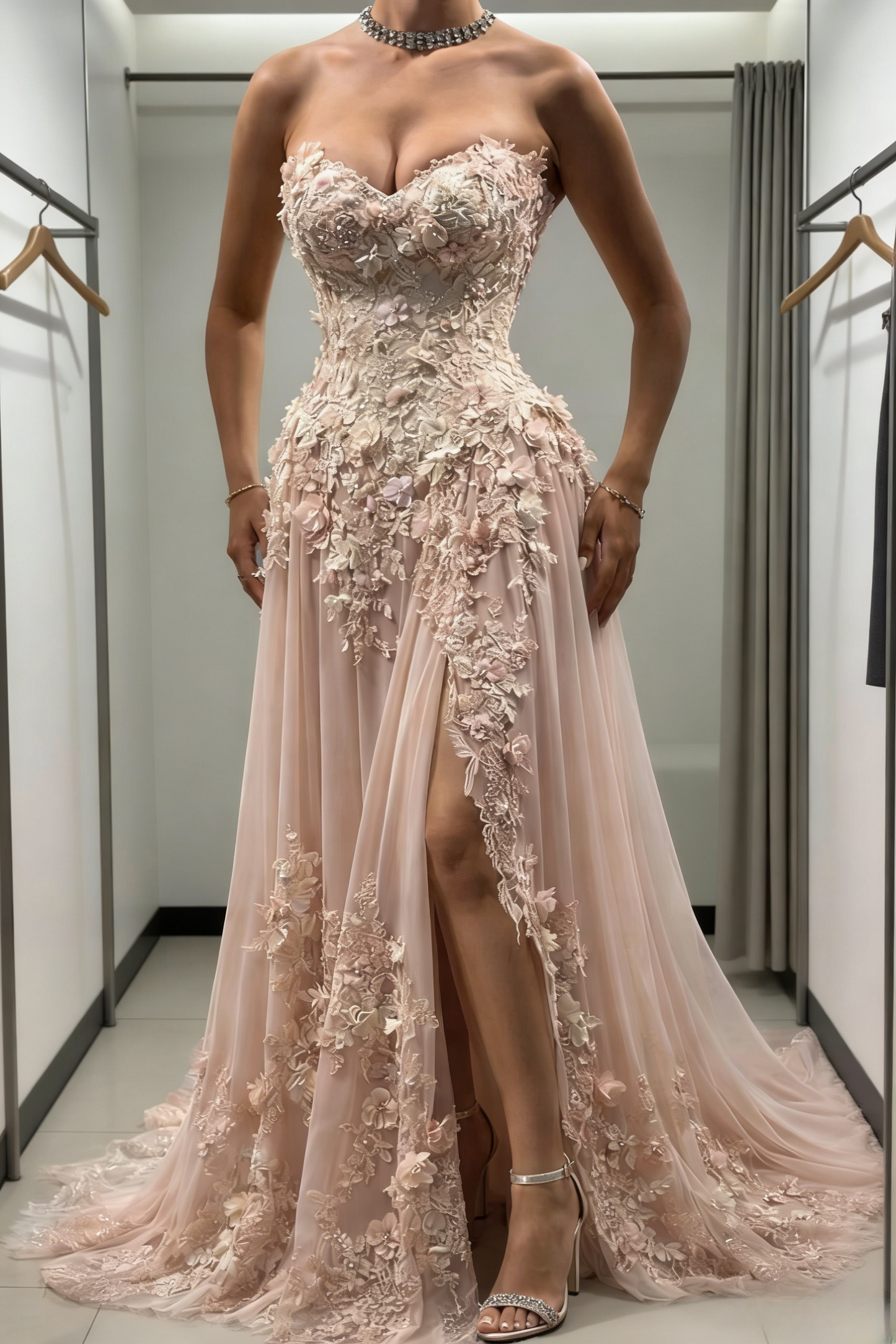 Robe de bal longue violette féerique, décolleté cœur, en mousseline, coupe trapèze, sans manches, ornée d'appliques, robe d'anniversaire ED07317