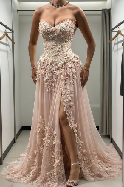 Robe de bal longue violette féerique, décolleté cœur, en mousseline, coupe trapèze, sans manches, ornée d'appliques, robe d'anniversaire ED07317