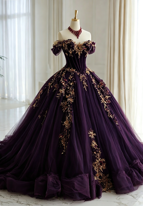 Cute Dark Red Long Prom Dress Off-shoulder Tulle A-Line Evening Dress Sleeveless Applique Sweet 16 Dress ED07322