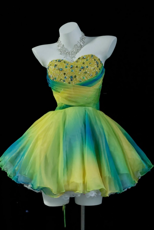 Modisches gelbes/grünes kurzes Ballkleid mit Herzausschnitt, Tüll, Pailletten und A-Linien-Design ED07325