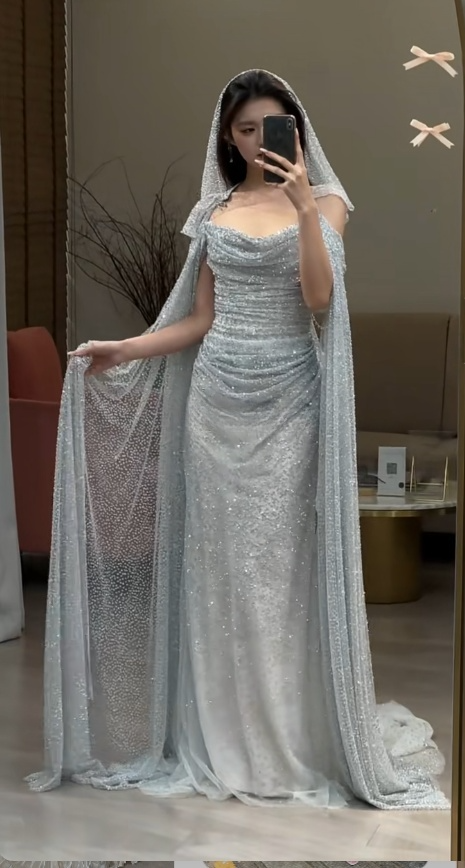 Robe de bal bleue chic en tulle à sequins, épaules dénudées, coupe fourreau, robe de soirée longue ED07329