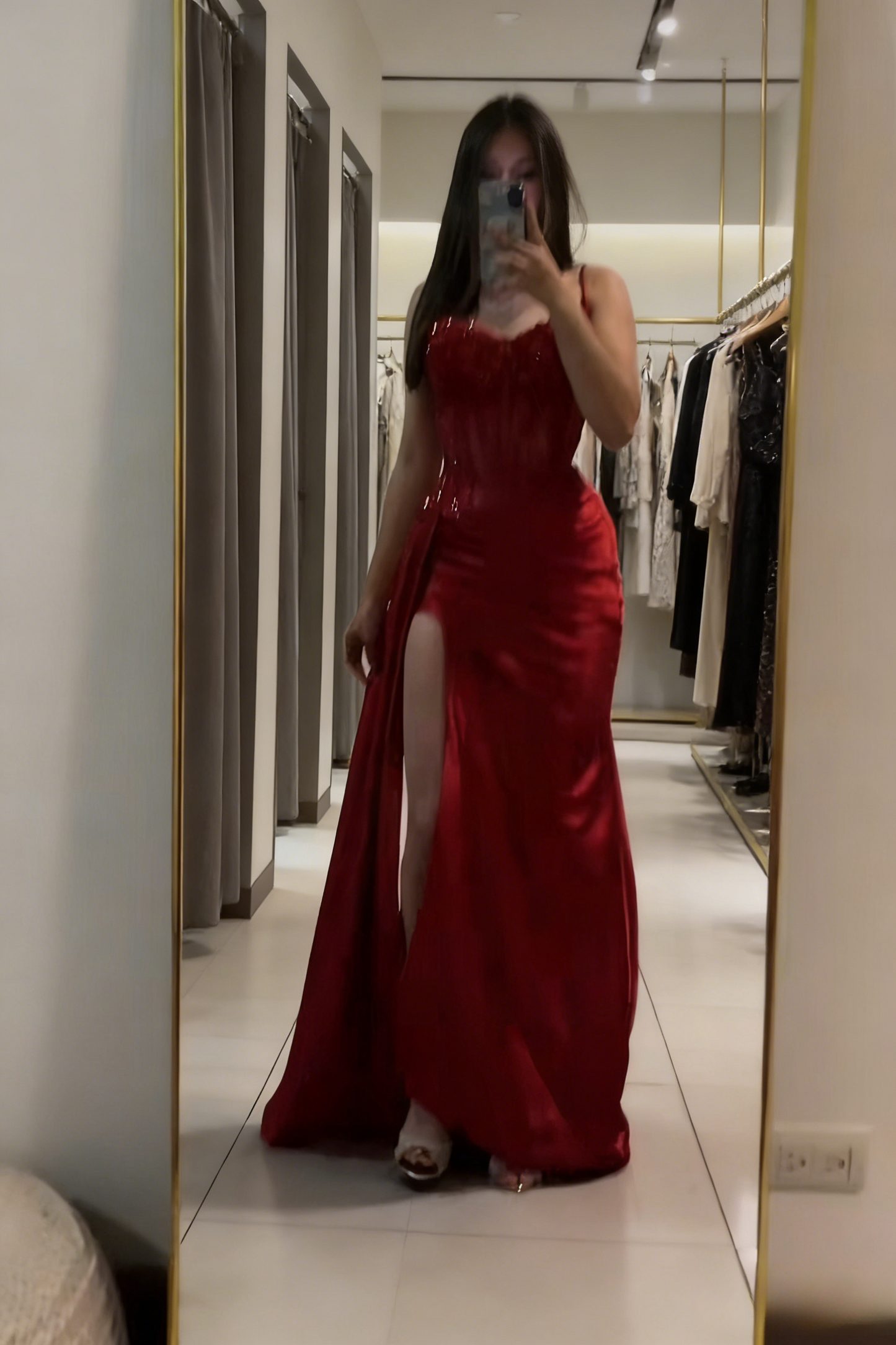 Chic Red Prom Dress Satin Spaghetti Straps Sheath Long Evening Dress with Slit ED07330