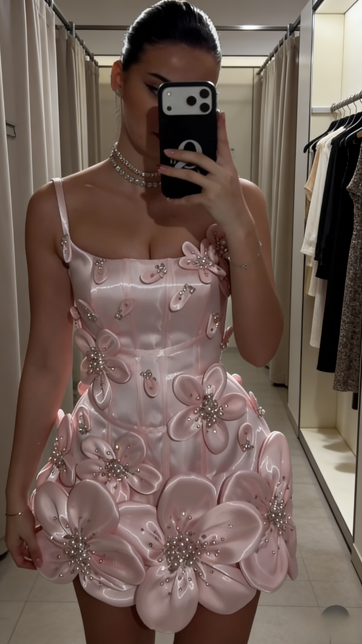 Niedliches rosa Satin-Abendkleid mit Spaghettiträgern, 3D-Applikationen, ärmellos, kurzes Geburtstagskleid ED07331
