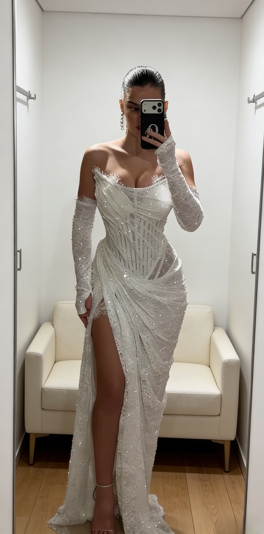 Gorgeous White Prom Dress Lace Formal Dress Sheath Strapless Evening Dress With Slit ED07332