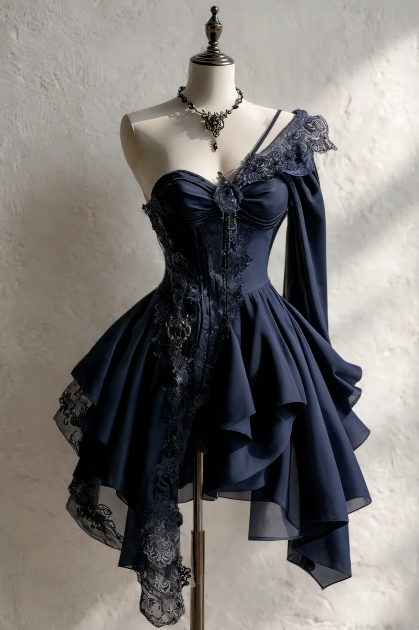 Robe de bal courte en mousseline bleu marine chic, robe de soirée asymétrique à une épaule, robe d'anniversaire ED07335