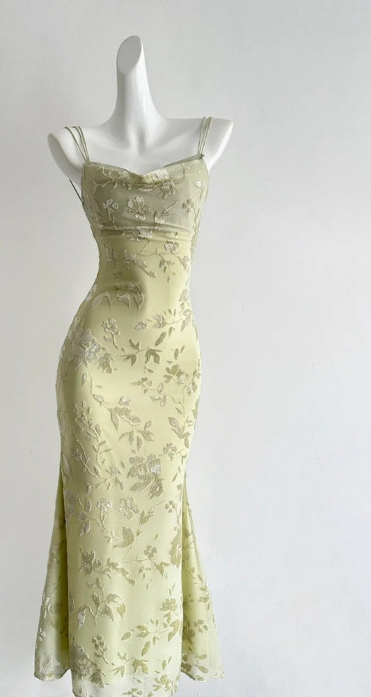 Fairy Long Green Prom Dress Spaghetti Straps Sheath Evening Dress Jacquard Chiffon Formal Dress ED07337