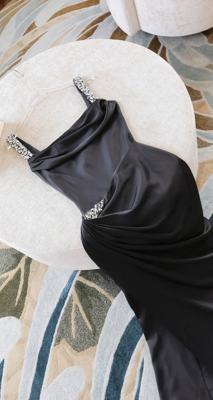 Chic Long Pink Prom Dress Spaghetti Straps Sheath Evening Dress Satin Formal Dress ED07338