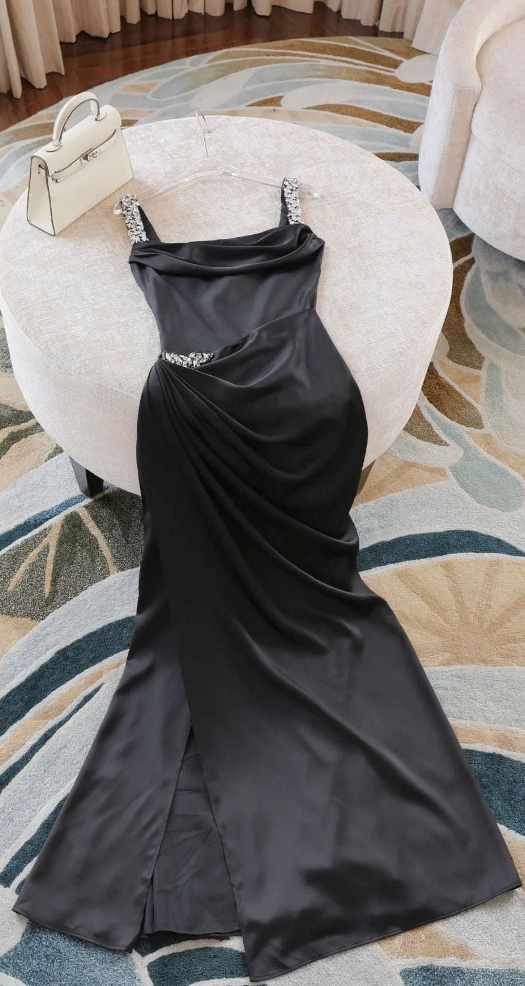 Chic Long Pink Prom Dress Spaghetti Straps Sheath Evening Dress Satin Formal Dress ED07338