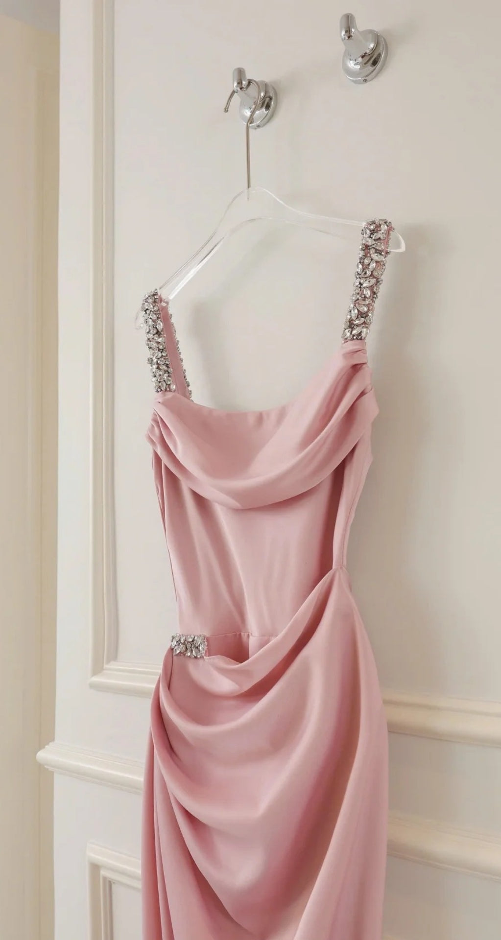 Chic Long Pink Prom Dress Spaghetti Straps Sheath Evening Dress Satin Formal Dress ED07338