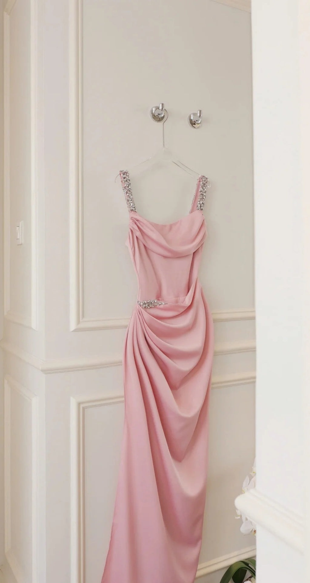 Chic Long Pink Prom Dress Spaghetti Straps Sheath Evening Dress Satin Formal Dress ED07338