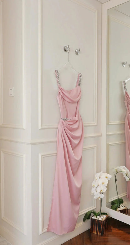 Chic Long Pink Prom Dress Spaghetti Straps Sheath Evening Dress Satin Formal Dress ED07338