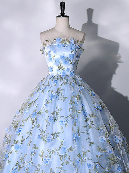 Robe de bal longue en tulle bleu avec appliques 3D, robe de soirée formelle bleue ED0734