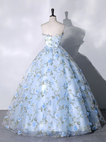 Robe de bal longue en tulle bleu avec appliques 3D, robe de soirée formelle bleue ED0734