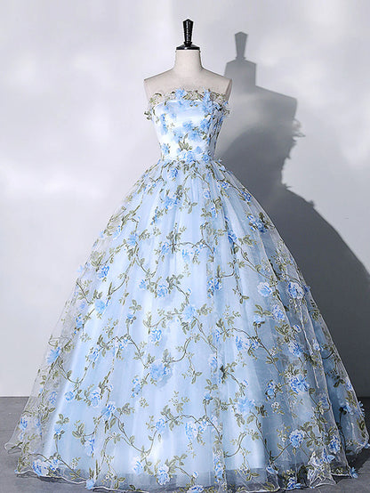 Robe de bal longue en tulle bleu avec appliques 3D, robe de soirée formelle bleue ED0734