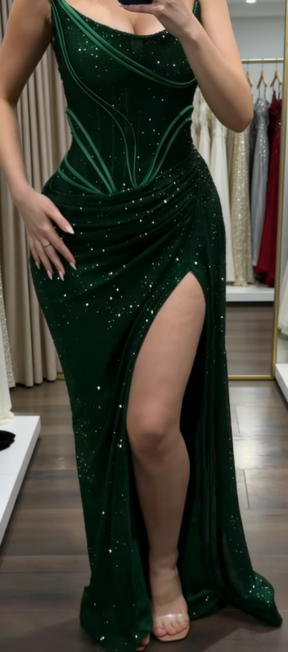 Robe de bal verte élégante en tulle, robe de soirée longue sans bretelles avec fente ED07340