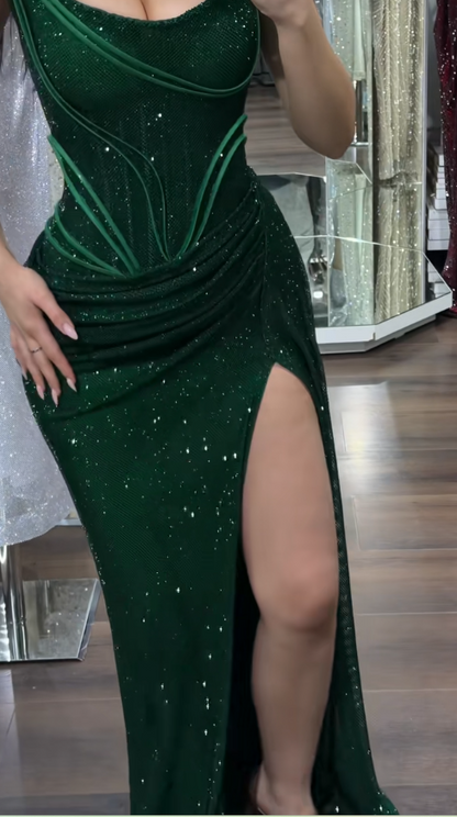 Robe de bal verte élégante en tulle, robe de soirée longue sans bretelles avec fente ED07340