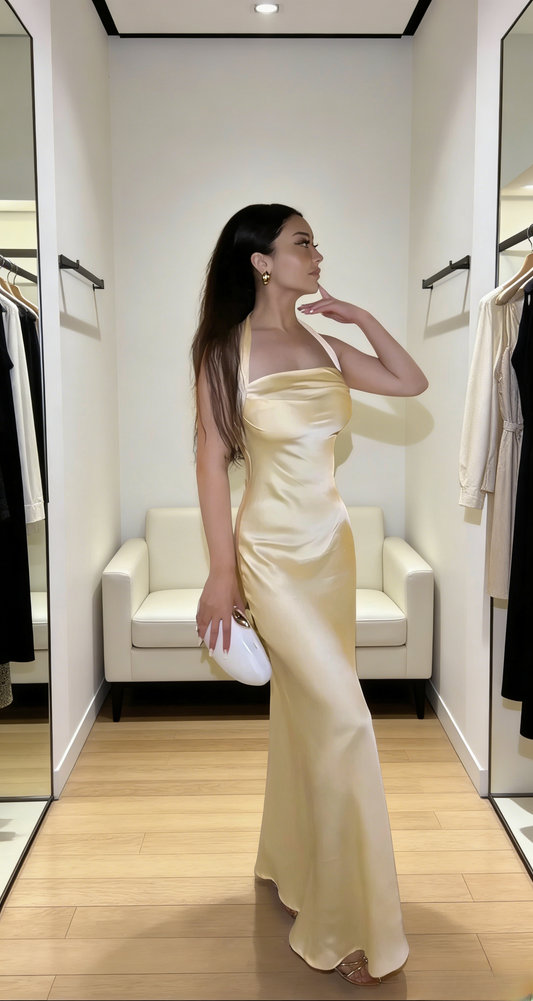 Chic Long Yellow Prom Dress Halter Sheath Evening Dress Satin Formal Dress ED07342