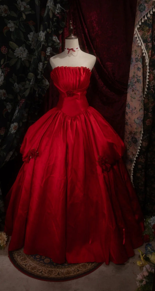 Chic Long Red Prom Dress Strapless A-Line Evening Dress Satin Formal Dress ED07343