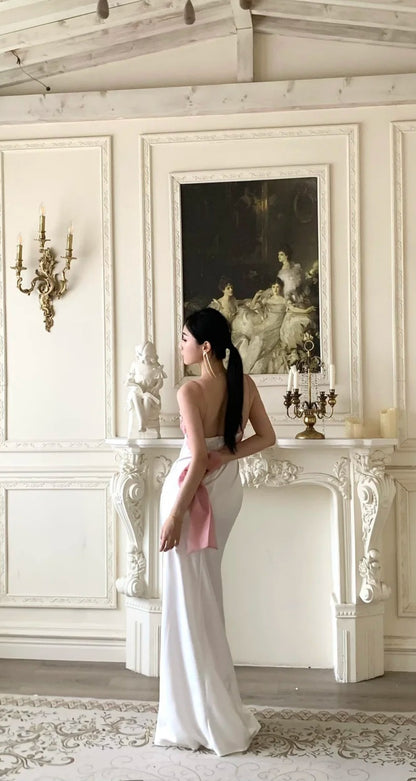 Robe de bal longue blanche chic à fines bretelles, robe de soirée fourreau en mousseline de soie ED07344