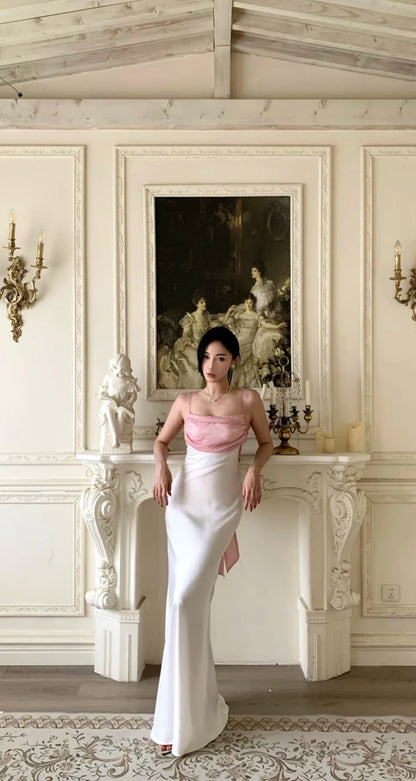 Robe de bal longue blanche chic à fines bretelles, robe de soirée fourreau en mousseline de soie ED07344