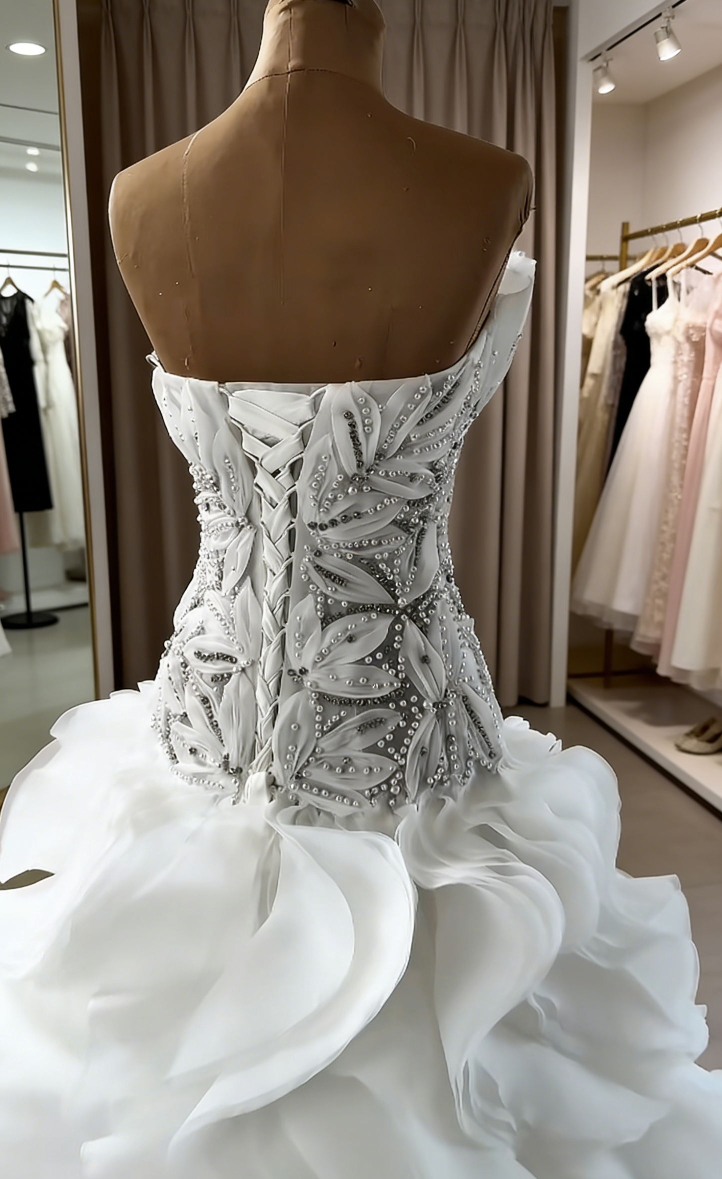 Robe de mariée blanche longue et élégante, décolleté cœur, fourreau, tulle, perles, sans manches, ED07347
