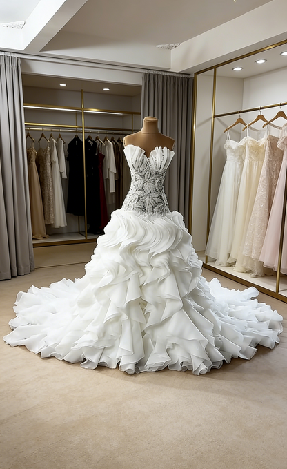 Robe de mariée blanche longue et élégante, décolleté cœur, fourreau, tulle, perles, sans manches, ED07347