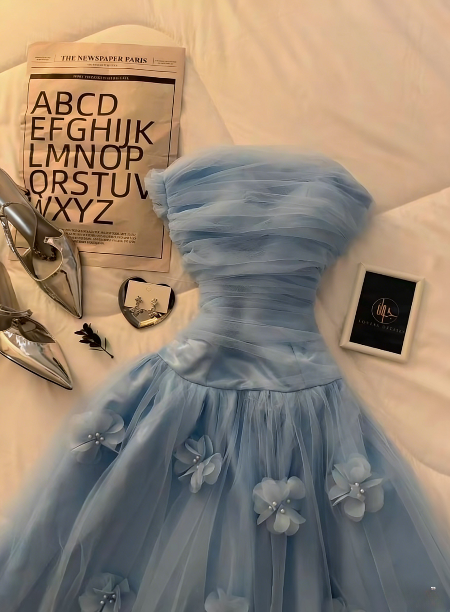 Robe de bal longue bleu clair, coupe trapèze, sans bretelles, robe d'anniversaire, robe de soirée en tulle sans manches ED07348