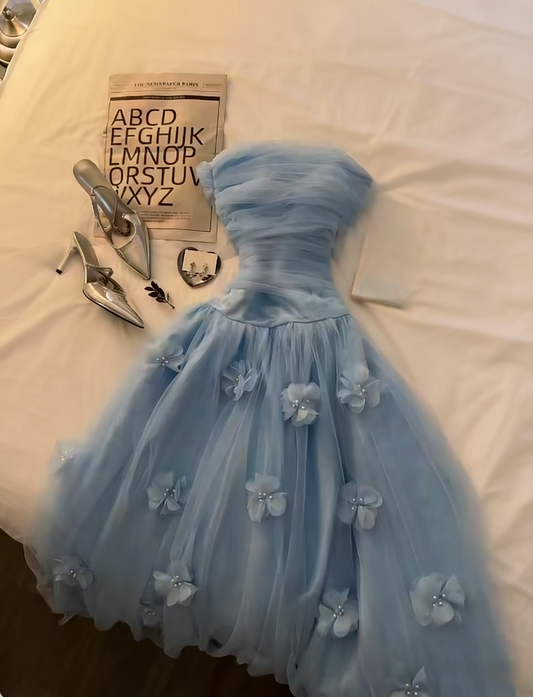 Cute Long Light Blue Prom Dress A-Line Strapless Birthday Dress Tulle Sleeveless Evening Dress  ED07348