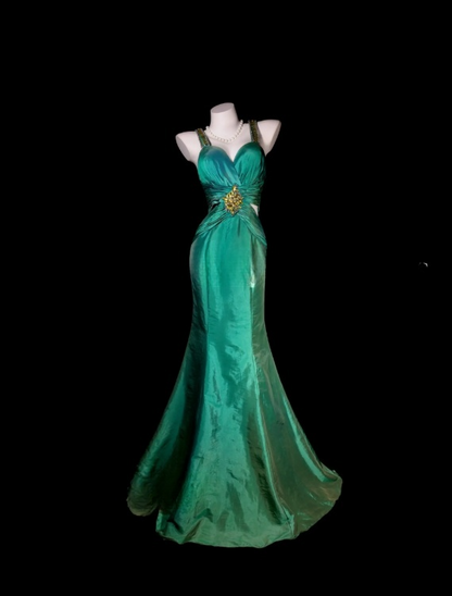 Classy Long Green Prom Dress Sheath V-neck Sleeveless Satin Evening Dress ED07350