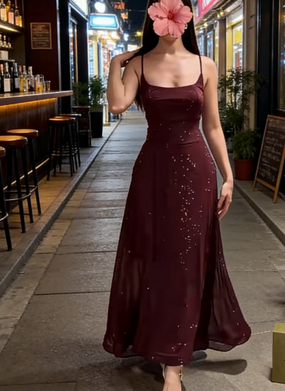Elegantes, ärmelloses Chiffon-Abendkleid in A-Linie mit Spaghettiträgern (ED07351)