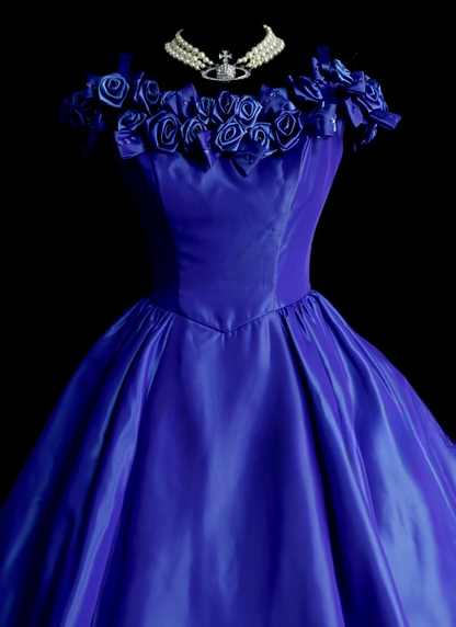 Robe de soirée élégante en satin, coupe trapèze, col rond, sans manches, bleu roi, ED07353