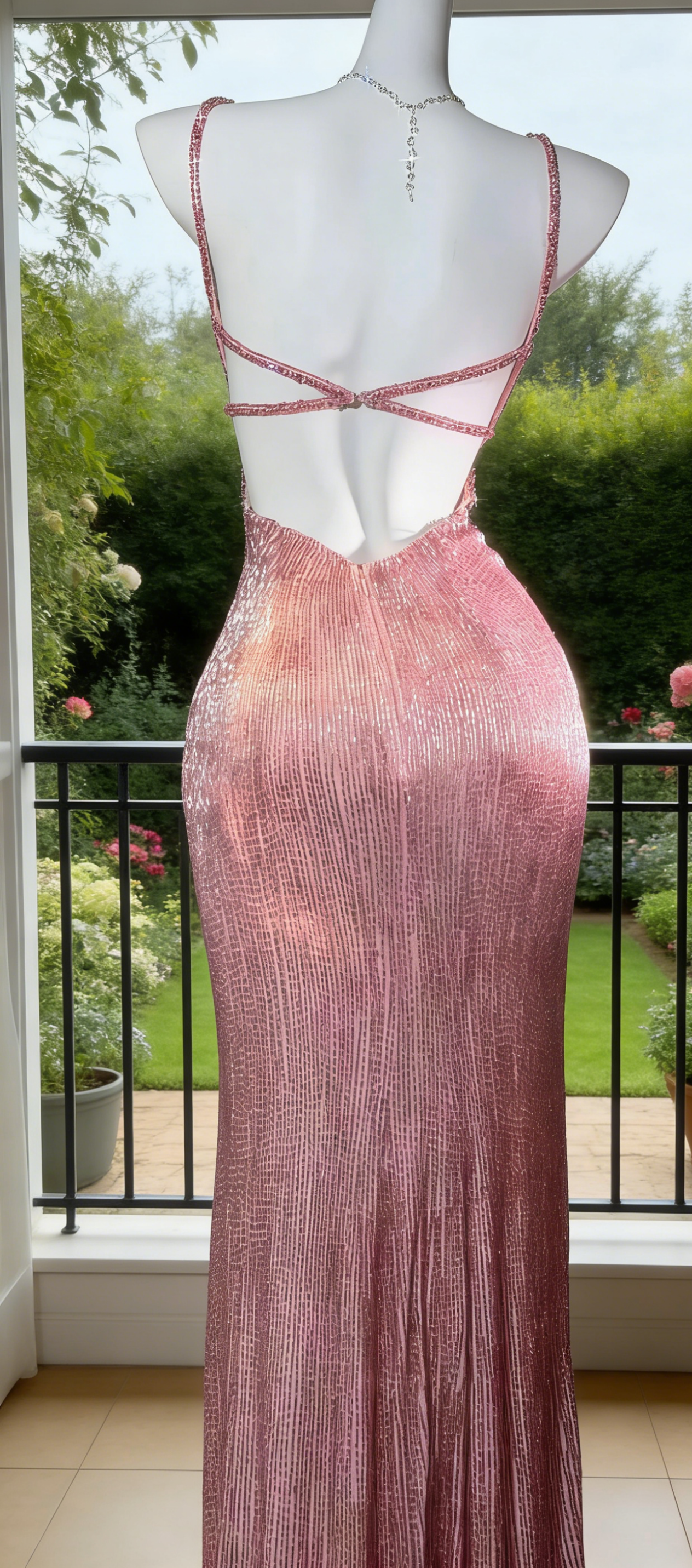Classy Pink Prom Dress Beaded Sheath Spaghtti Straps Long Evening Dress ED07354