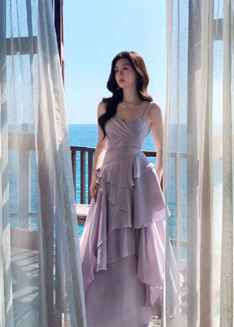 Fairy A-Line Spaghetti Straps Formal Dress Long Chiffon Evening Dress Sleeveless Purple Prom Dress ED07356