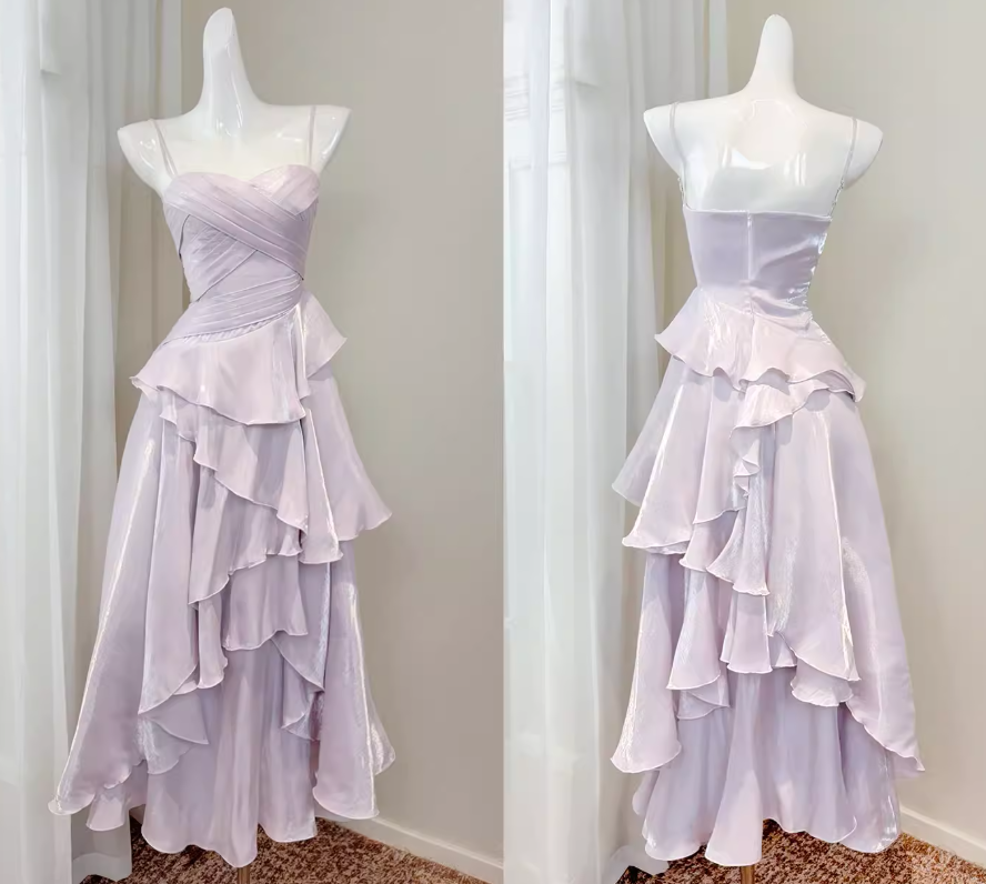 Robe de soirée longue en mousseline violette sans manches, coupe trapèze, bretelles spaghetti, style féerique, référence ED07356