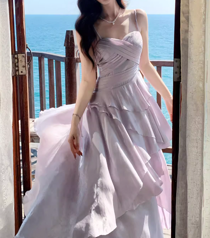 Robe de soirée longue en mousseline violette sans manches, coupe trapèze, bretelles spaghetti, style féerique, référence ED07356