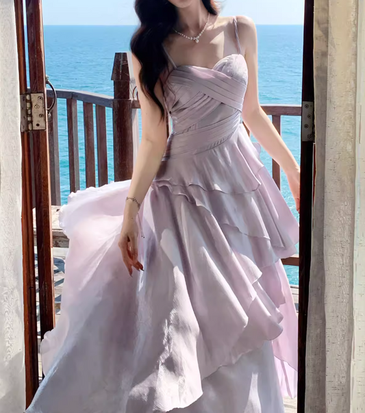 Fairy A-Line Spaghetti Straps Formal Dress Long Chiffon Evening Dress Sleeveless Purple Prom Dress ED07356