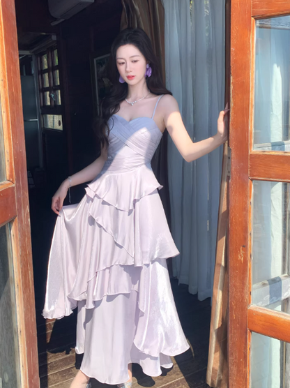 Robe de soirée longue en mousseline violette sans manches, coupe trapèze, bretelles spaghetti, style féerique, référence ED07356