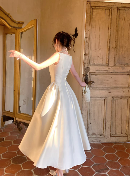Robe de soirée trapèze féérique, robe de bal longue blanche en satin, coupe arrondie, référence ED07357