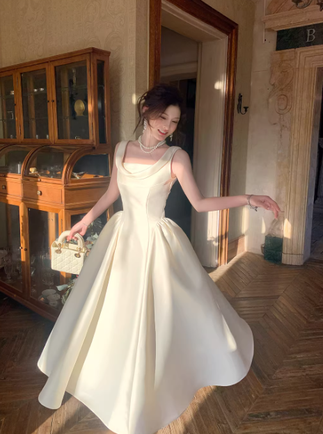 Fairy A-Line Evening Dress Scoop Formal Dress Long Satin White Prom Dress ED07357